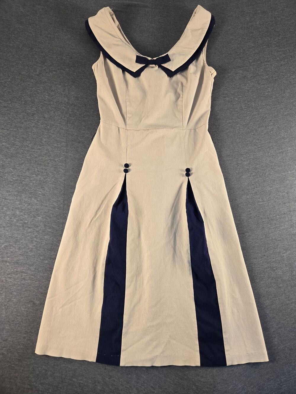 Stop Staring Dress Womens Large Beige Navy Nautical Bow Fit Flare Retro Midi
